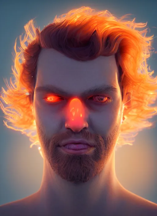 Image similar to glowwave portrait of curly orange hair man, au naturel, hyper detailed, digital art, trending in artstation, cinematic lighting, studio quality, smooth render, unreal engine 5 rendered, octane rendered, art style by pixar dreamworks disney riot games and rockstar games.