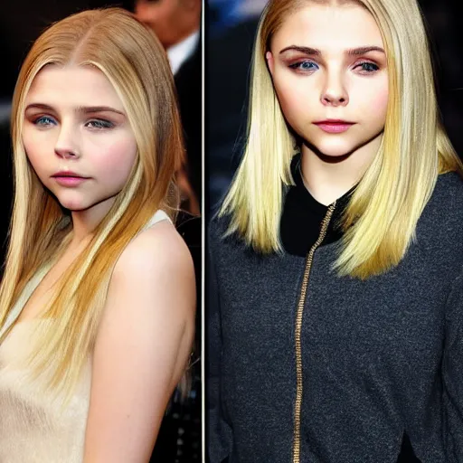 Image similar to brunette with dyed blonde hair, 21 years old, 165 cm tall, long flat blonde hair, eyes green, 30% smaller nose, smaller mouth, round shaped face, big forehead, lop eared, thin eyebrows,chloe grace moretz lookalike, real life photograph