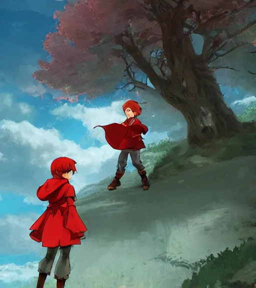 Prompt: attractive little boy character inspired in little red riding hood and link, digital artwork made by akihiko yoshida and makoto shinkai