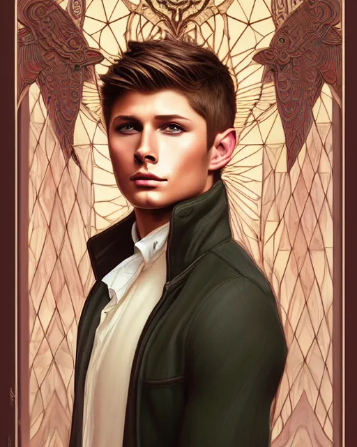 Prompt: symmetry portrait of brunette magical prince, teenage jensen ackles, renaissance, glass skin, forest background, intricate, elegant, highly detailed, digital painting, artstation, concept art, smooth, sharp focus, illustration, art by artgerm and greg rutkowski and fra angelico and alphons mucha