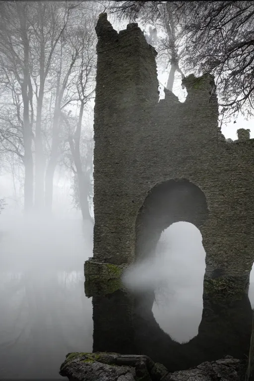 Image similar to brocken spectre, ghost of the lake, ruined castle