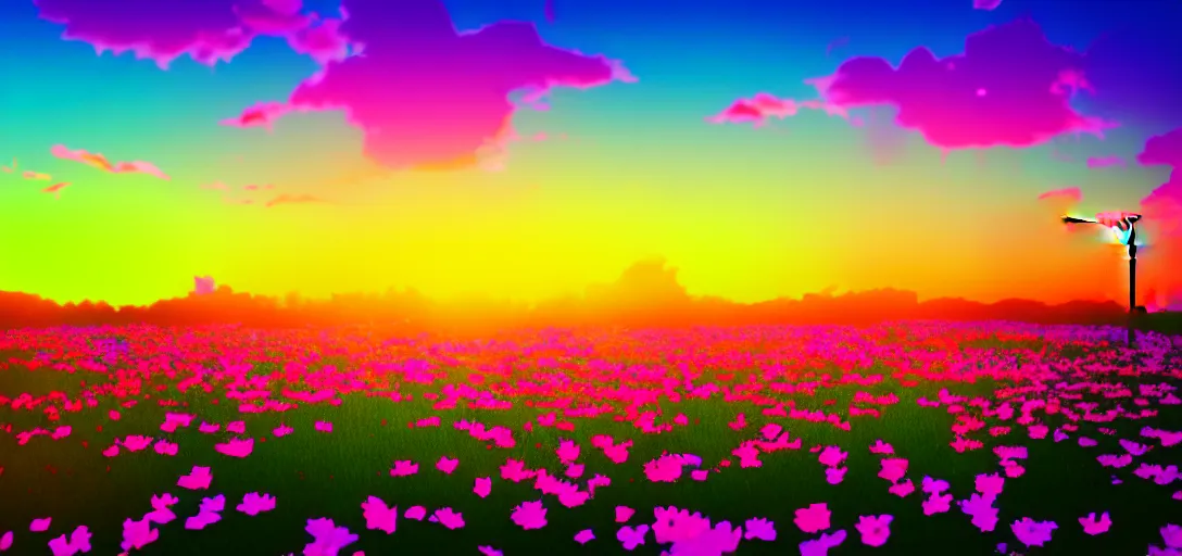 Image similar to an impossible field of beautiful neon colored flowers with a beautiful sunset, vaporwave