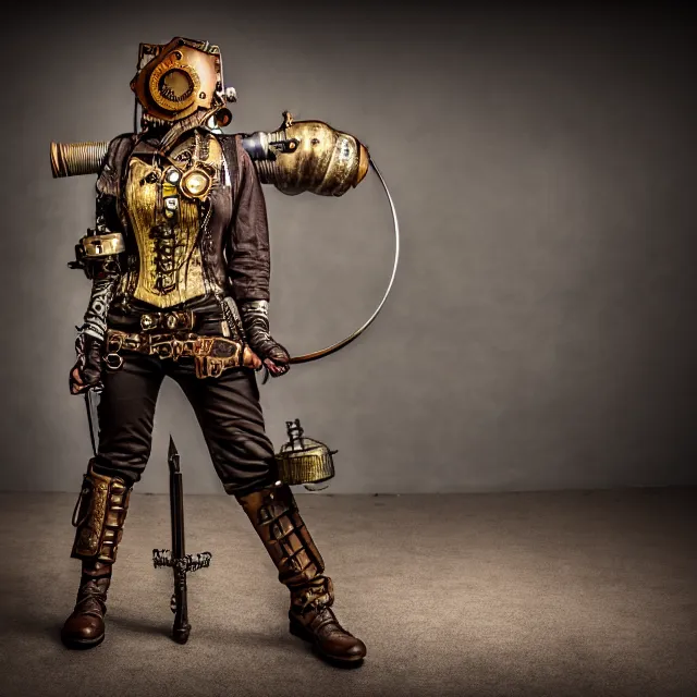 Image similar to full length photo of a steampunk warrior, 8 k, hdr, smooth, sharp focus, high resolution, award - winning photo