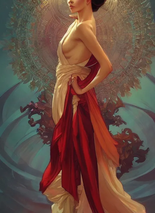 Prompt: gorgeous michi wearing a silk robe, digital painting, artstation, concept art, sharp focus, illustration, art by artgerm and greg rutkowski and alphonse mucha