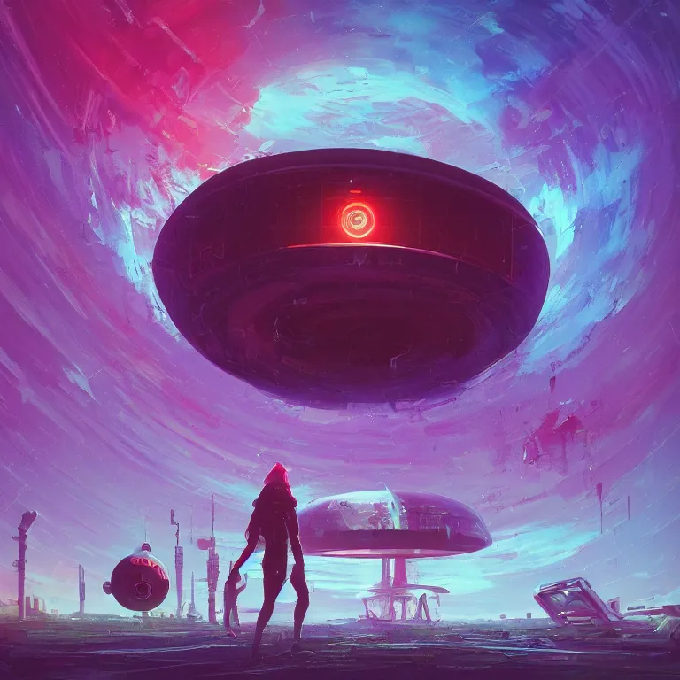 Image similar to a circle!! spiral!! portal!!! structure floating in space!!, cyberpunk, epic surrealism, indigo, purple, bright red, cyan, detailed digital matte painting in the style of simon stalenhag and painting by ralph mcquarrie