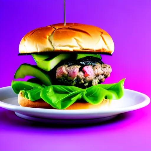 Prompt: a stock photo of a rabbit burger on a purple background, product photography, f 2. 4, bokeh effect, award winning