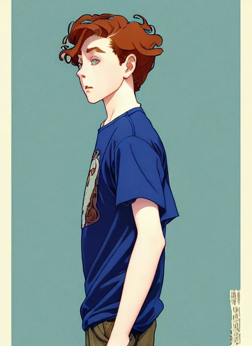 Image similar to art nouveau portrait of a teen boy with completely straight auburn hair, light blue eyes, pale skin, freckles, sad expression, t - shirt, modern casual clothing, natural lighting, path traced, highly detailed, high quality, cartoon, digital painting, by don bluth and ross tran and studio ghibli and alphonse mucha