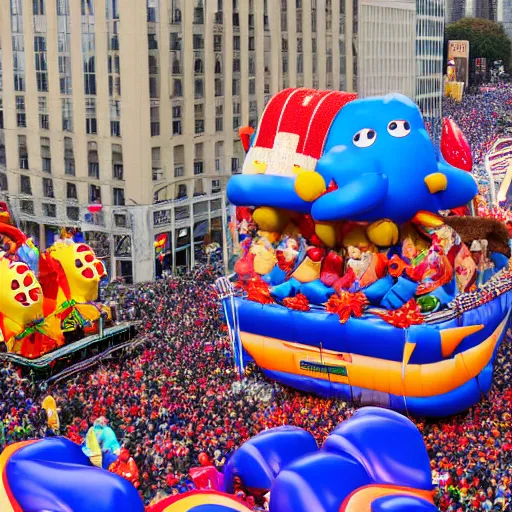 Prompt: photo of giant loss frank parade float in the macys thanksgiving parade, detailed 4 k photo