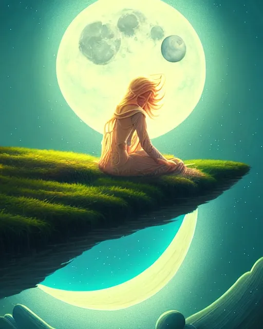 Image similar to beautiful painting of elven sitting on her flying bed and looking at the moon, art by mike winkelmann and by petros afshar, sky night, illustration, highly detailed, simple, smooth and clean vector curves, no jagged lines, vector art, smooth, artstation