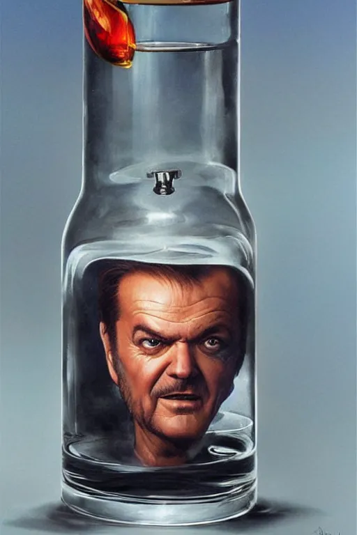 Prompt: a ship in a bottle but instead of a ship it is jack nicholson in the bottle, a young jack nicholson, fancy whiskey bottle, masterpiece painting by artgerm and tom bagshaw and boris vallejo