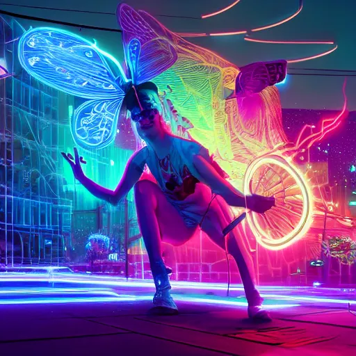 Prompt: A butterfly getting shocked by neon lightning, intricate artwork by Tooth Wu, wlop ,beeple and Dan mumford, Greg rutkowski, octane render, 8k, cinematic, hyperrealism, bokeh, iridescent accents