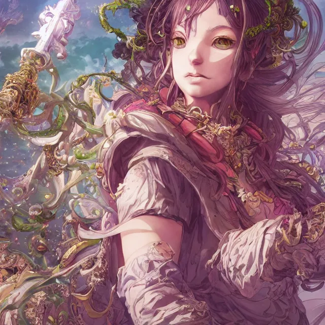 Image similar to the portrait of chaotic good female druid alchemist as absurdly beautiful, gorgeous, elegant, young anime girl, an ultrafine hyperdetailed illustration by kim jung gi, irakli nadar, intricate linework, sharp focus, bright colors, octopath traveler, final fantasy, unreal engine 5 highly rendered, global illumination, radiant light, detailed and intricate environment