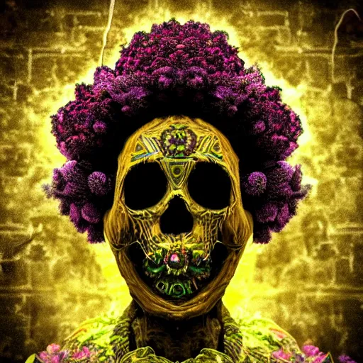 Image similar to a golden skull face african marijuanna shaman with an afro made of flowers, third eye art art by machina infinitum, complexity from simplicity, rendered in octane, mandelbulb 3 d, ambient occlusion, macro photography, felt!!! texture, tribal, neon! retrowave