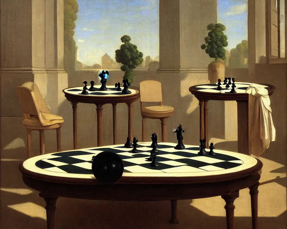 Prompt: an achingly beautiful print of a gallery teeming with old master paintings, classical antiquities, and potted plants. Featuring a modernist chess-set on a round table by Raphael, Hopper, and Rene Magritte. detailed, romantic, enchanting, trending on artstation.