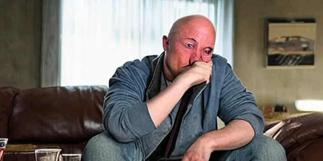 Prompt: sad bald poor elon musk drinking a can of beer in the couch while watching tv in a dirty house, very realistic photograph, cinematic lighting, dardenne brothers, trailer park boys