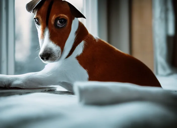 Image similar to photography of a Jack Russel . watching outside the window. on a bed. in a vintage room full of vinyls and posters.,volumetric light, photorealistic,, award winning photo, 100mm, sharp, high res