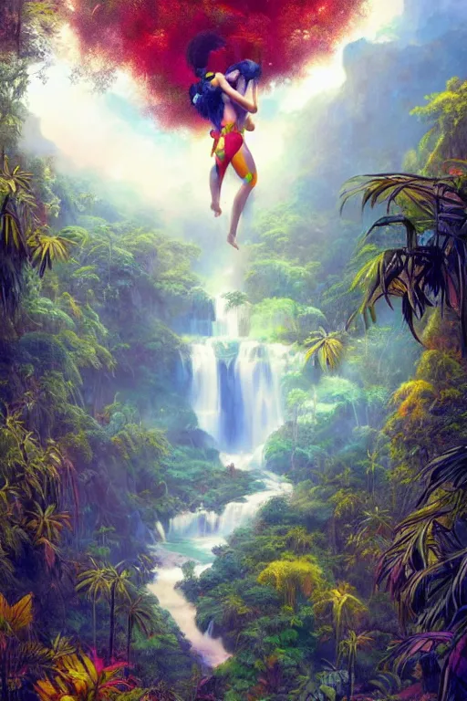 Image similar to aerial view of a colorful jungle with rivers and waterfalls, by artgerm, tom bagshaw, gerald brom, vaporwave colors, lo - fi colors, vaporwave, lo - fi, moody vibe, goth vibe, full body,