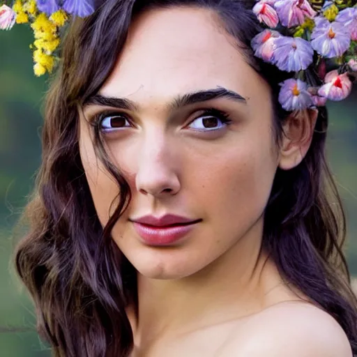 Image similar to photo of the beauty gal gadot, she is posing while maintain a sweet eye contact to the camera, she has a crown of flowers, the photo was taken at sunset with a bokeh effect, photo by iris edward steichen, photorealistic, matte painting, hyper realistic, 4 k, 8 k, cinematic composition, hd, highly detailed, trending on artstation