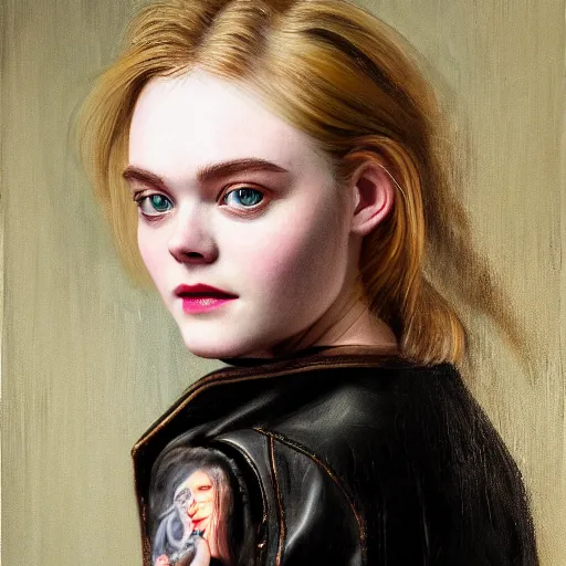 Prompt: portrait of a elle fanning in a punk leather jacket, detailed realism face in painting, detailed beautiful portrait, oil painting masterpiece, 8 k resolution, smooth, sharp focus, trending on artstation, by rembrandt