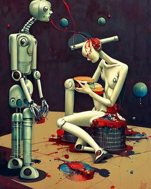 Prompt: the robot is just like me when i see a slice of cake. in the style of adrian ghenie, esao andrews, jenny saville, ( ( ( edward hopper ) ) ), surrealism, dark art by james jean, takato yamamoto