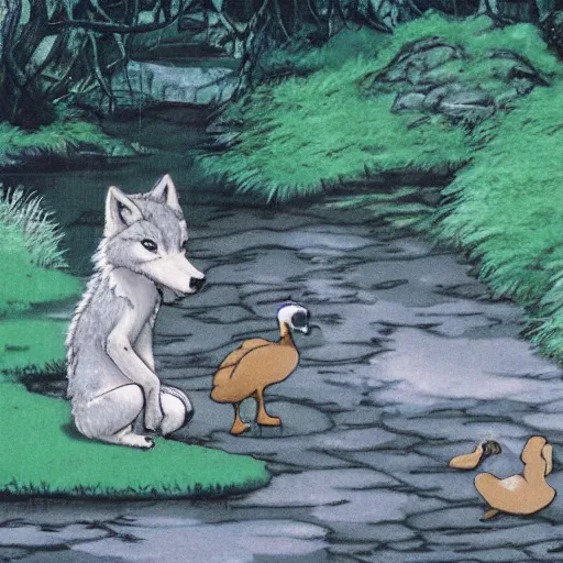 Prompt: wolf pup by a pond talking to a duckling, by studio ghibli