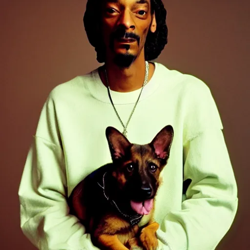 Prompt: Snoop Dogg holding a German Sheppard for a 1990s sitcom tv show, Studio Photograph, portrait, C 12.0