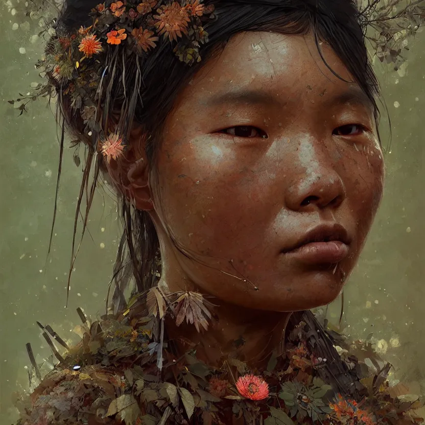 Image similar to detailed portrait of a tribal woman with asian eyes and thick lip forest girl, flowers and trees, by ismail inceoglu dragan bibin hans thoma greg rutkowski alexandros pyromallis nekro rene maritte illustrated, perfect face, fine details, realistic shaded, fine - face, pretty face