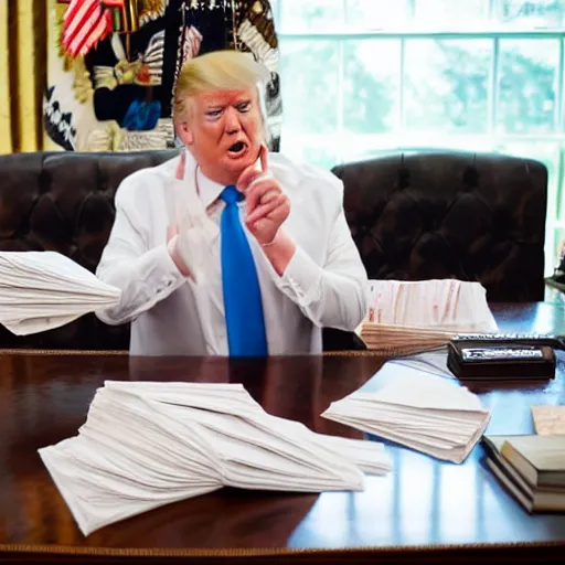 Prompt: candid portrait photo of president trump at his desk eating papers with his bare hands, detailed portrait, 4 k, megapixel, sony a 7 s, f / 8, 2 4 mm lens