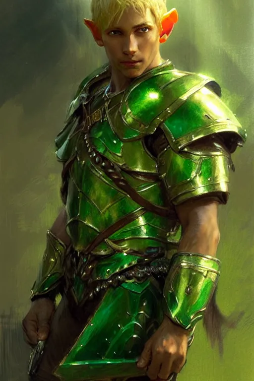 Image similar to brown skinned elf with blonde hair wearing green armor portrait dnd, painting by gaston bussiere, craig mullins, greg rutkowski, yoji shinkawa