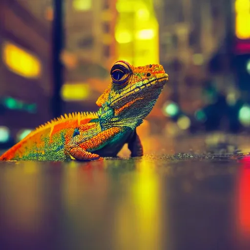 Image similar to a high quality low wide angle photo of a chameleon on the streets of a cyberpunk city, rainy, reflective ground, neon lights, realism, 8k