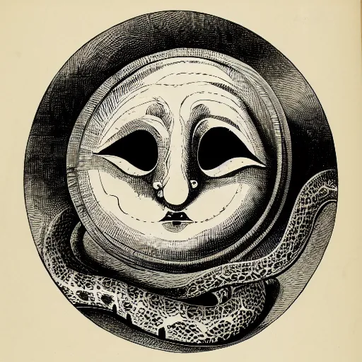 Prompt: an ink drawing of an old dilapidated comedy and tragedy theater masks circled by a snake, cracked, elaborate detail, shape of a circle, circular shape