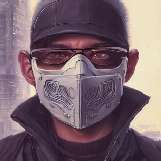 Image similar to very cool man grey hair with mask, streetwear, techwear, cyberpunk style outfit, full body, nose piercing, detailed portrait, intricate complexity, by greg rutkowski, cushart krentz, artgerm, ross tran, conrad roset, takato yomamoto, ilya kuvshinov. 4 k, beautiful, cinematic dramatic atmosphere, portrait lighting