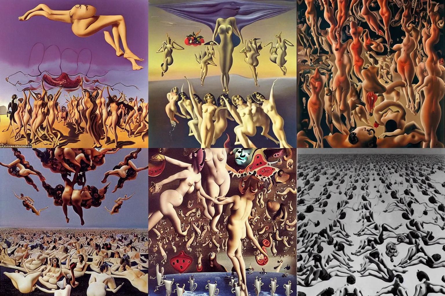 Prompt: a surrealist mass of woman bodies by salvador Dalí flying is a splash of milk and strawberry sauce