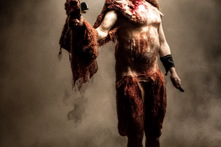 Image similar to a cinematic portrait of mutant serial killer dressed in human skin, in a backroom, fog storm, annie leibovitz and zack snyder, 8 k, hd, high resolution, 8 5 mm, f / 1. 8