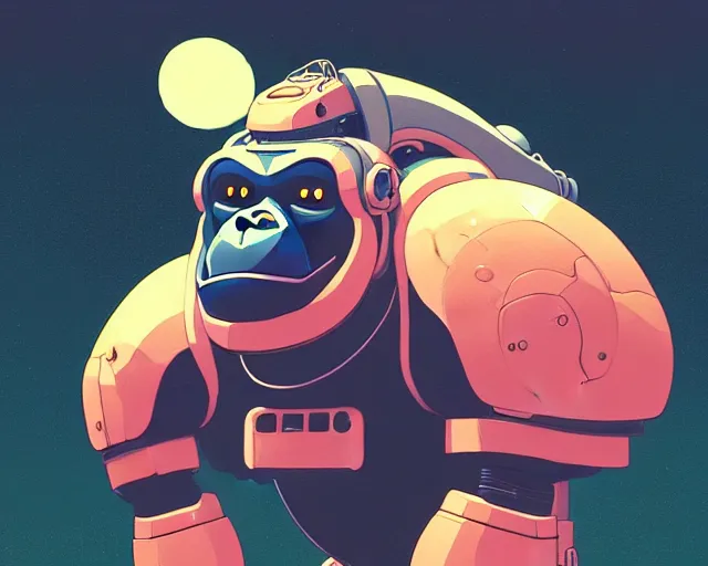 Prompt: a study of cell shaded cartoon of an adorable gorilla piloting a mech, illustration, wide shot, subtle colors, post grunge, concept art by josan gonzales and wlop, by james jean, Victo ngai, David Rubín, Mike Mignola, Laurie Greasley, highly detailed, sharp focus, alien, Trending on Artstation, HQ, deviantart, art by artgem