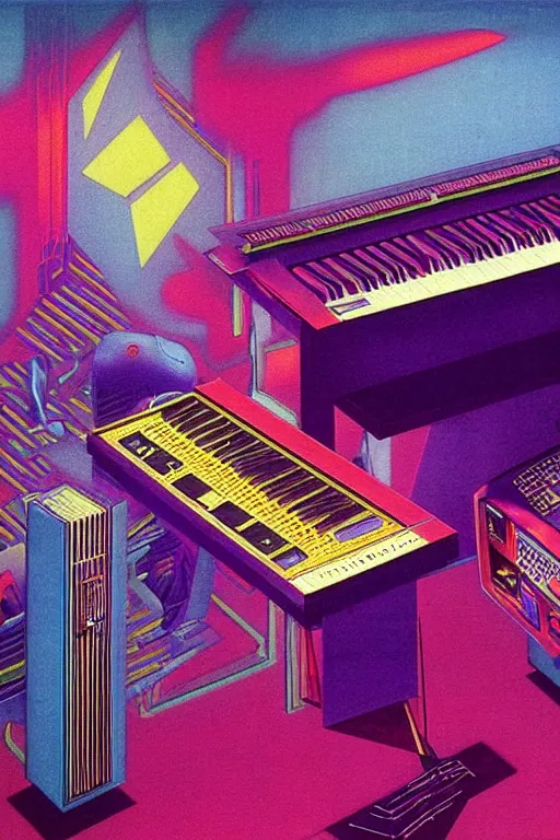 Prompt: 8 0 s art deco synthesizers, speakers, computers, studio, man, piano, cinematic dramatic cyberpunk textural fluid lines purple, pink, blue, green. otherworldly vaporwave interesting details fantasy lut epic composition by basquiat zdzisław beksinski james jean artgerm rutkowski moebius francis bacon gustav klimt