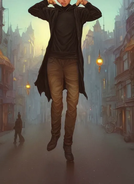 Image similar to handsome young man with short black hair, light blue eyes, detailed neighbourhood background, magical atmosphere, tarot card, glowing, golden hour, wearing jeans and a black hoodie, realistic painting by ross tran and gerald brom and alphonse mucha, trending on artstation