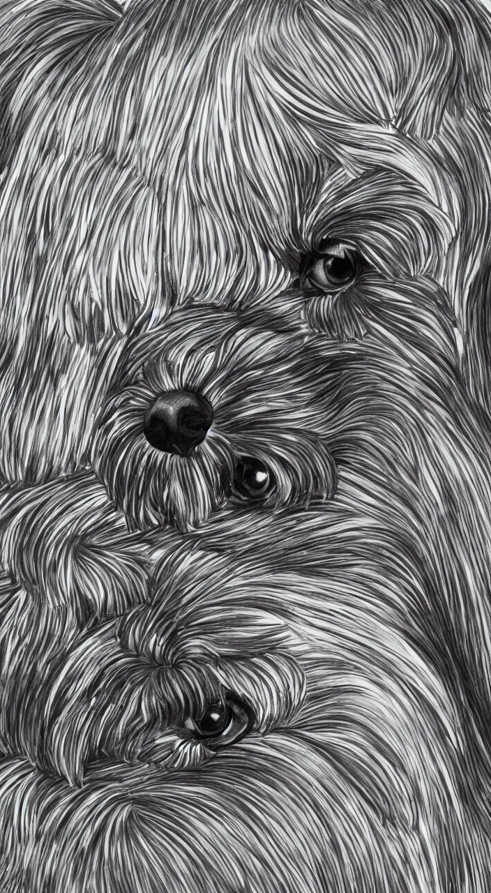 Prompt: self - portrait of one havanese dog reflected in a chrome sphere, ultra wide 1 0 mm, by m c escher pen and paper