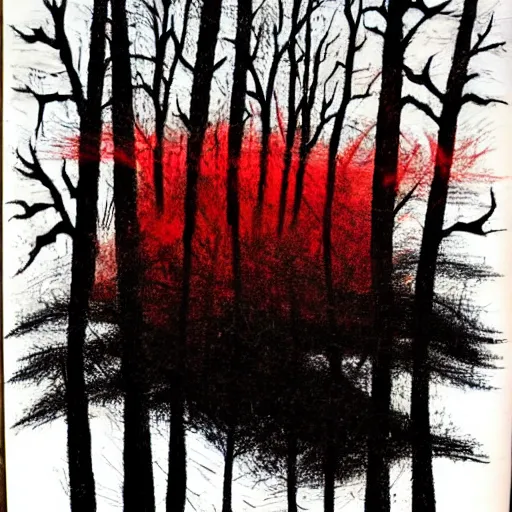 Image similar to a creature of your nightmares in a dark and twisted forest, horrifying, black and red colours, wispy fog, tall and ominous trees, accented paint strokes, detailed