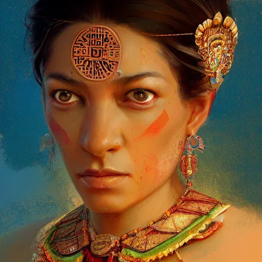 Prompt: Mayan queen, gorgeous portrait, intricate, elegant, volumetric lighting, scenery, digital painting, highly detailed, artstation, sharp focus, illustration, concept art, ruan jia, steve mccurry