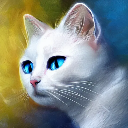 Image similar to a beautiful white cat with blue and yellow eyes, sci-fi, fantasy, highly detailed, digital painting