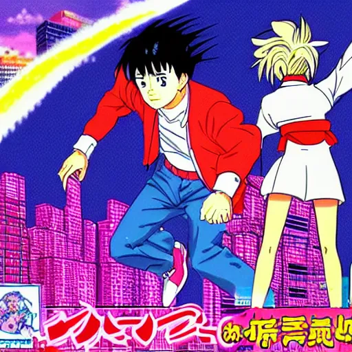 Prompt: ivanka trump running from donald trump, sprite, vaporwave nostalgia, directed by beat takeshi, visual novel cg, 8 0 s anime vibe, kimagure orange road, maison ikkoku, sketch by akira toriyama