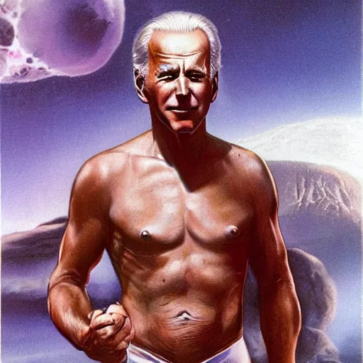 Image similar to science fiction boris vallejo portrait of joe biden wearing monokini in the movie zardoz