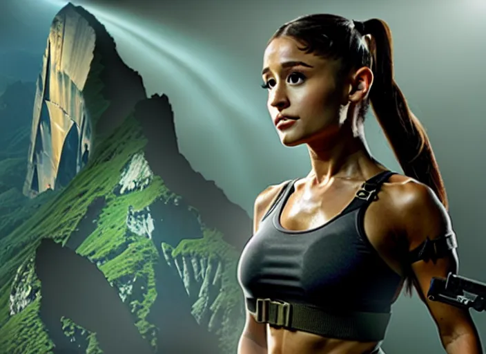 Image similar to film still of!!!! ariana grande!!! as lara croft in new tomb raider movie, 8 k