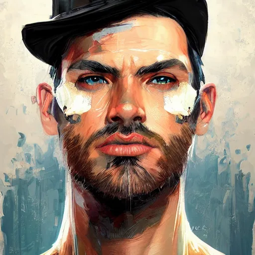 Prompt: beautiful sophisticated man face with a hat by sandra chevrier, artstation, hd, uplight