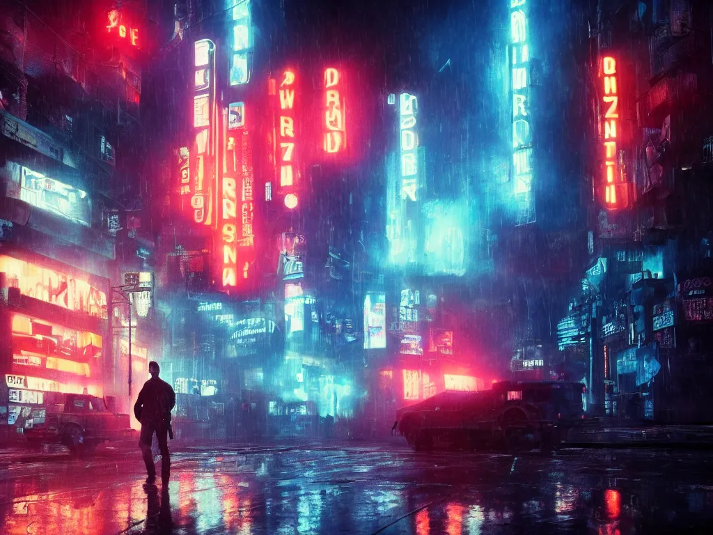 Image similar to Aaron Swartz in film still from Blade Runner 2049, beautiful lighting, raining, neon lights, cinematic depth, ultra-sharp details, imax post production, criterion collection, 8k