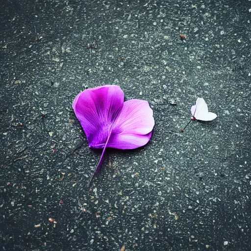 Image similar to closeup photo of 1 lone purple petal flying above a kids in park, aerial view, shallow depth of field, cinematic, 8 0 mm, f 1. 8 - c 1 1. 0