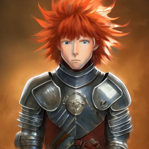 Image similar to portrait of a redheaded man with blue eyes and wearing a armor, medieval background, highly detailed, digital painting, artstation, matte, by makoto shinkai, animation style, studio ghibli, anime key visual