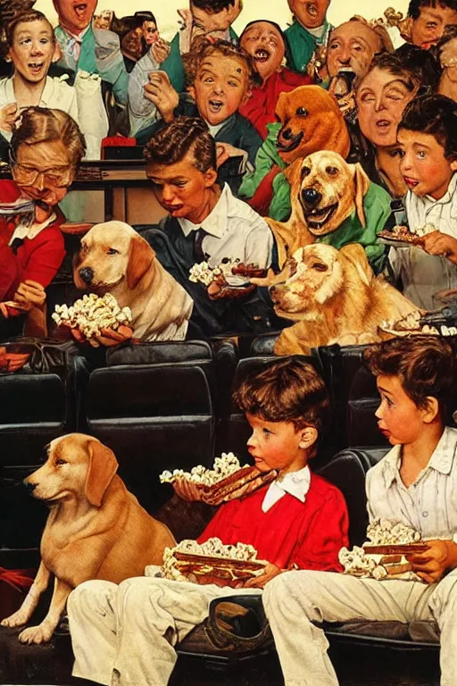 Prompt: ten dogs watching a movie at movie theater eating popcorn painted by norman rockwell