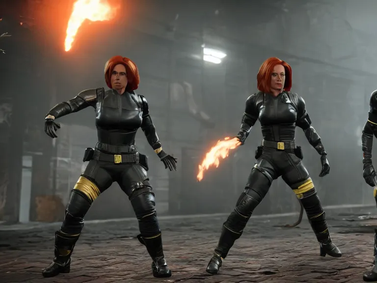 Prompt: Dana Scully and her doppelganger in Mortal Kombat 11, ps5 cinematic screen capture, 4k